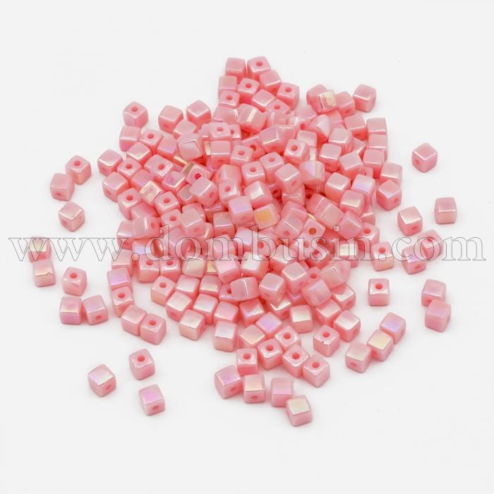 Бусины Акриловые, АВ цвет, Кубики, Цвет: Розовый, Размер: 4х4мм, Отверстие 1мм, около 400шт/25г, (УТ100024763)