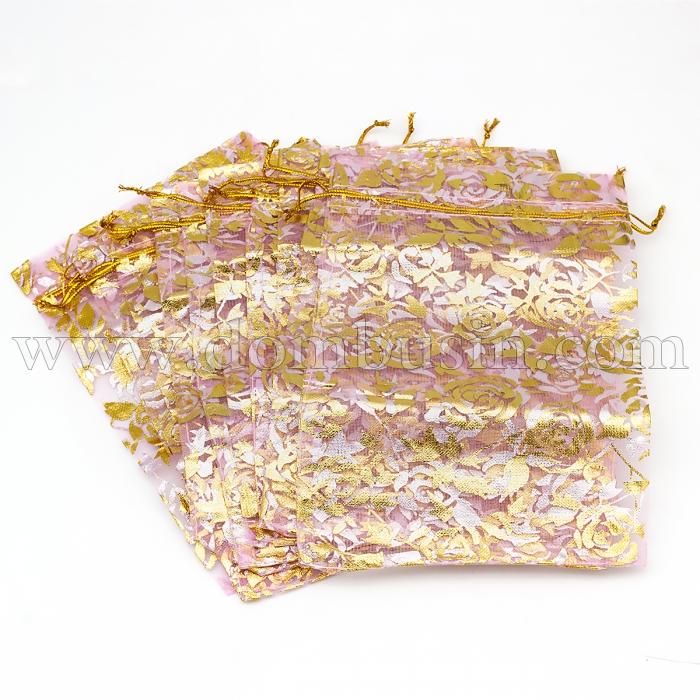 Подарочный Мешочек из Органзы, Рисунок Цветы, Прозрачный, Цвет: Розовый, Размер: 18x13см, (УТ100024923)