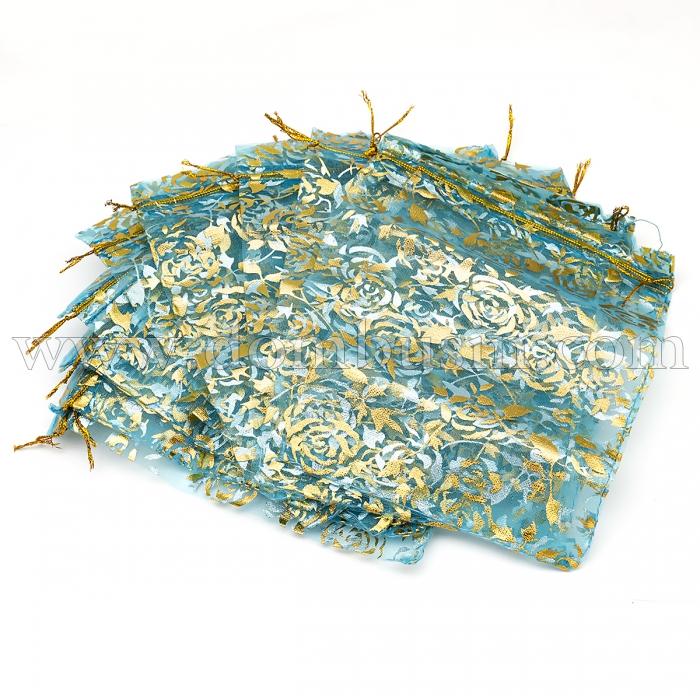 Подарочный Мешочек из Органзы, Рисунок Цветы, Прозрачный, Цвет: Голубой, Размер: 18x13см, (УТ100024924)