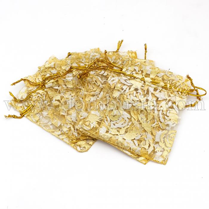Подарочный Мешочек из Органзы, Рисунок Цветы, Прозрачный, Цвет: Золотистый, Размер: 9x7см, (УТ100024932)