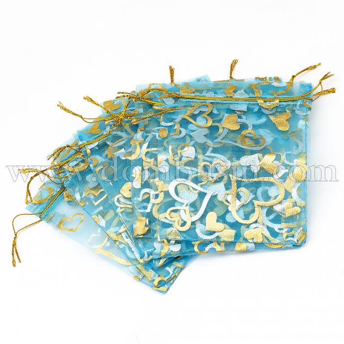 Подарунковий Мішечок з Органзи, Малюнок Серце, Прозорий, Колір: Блакитний, Розмір: 14x10см, (УТ100024934)