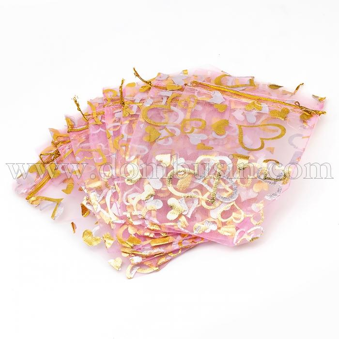 Подарунковий Мішечок з Органзи, Малюнок Серце, Прозорий, Рожевий, 14x10см, (УТ100024935)