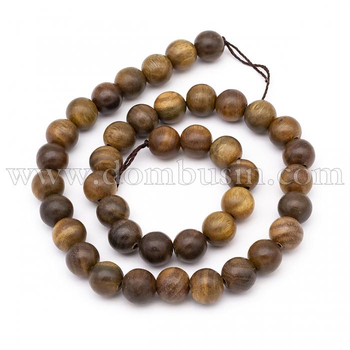 Бусины Натуральное Сандаловое Дерево, Круглые, на Нити, Цвет: Оливковый, Размер: 10мм, Отв-тие 1.2мм, 1нить около 37шт/38см/нить, (УТ100025053)