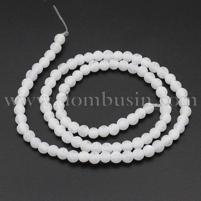 Намистини Агат Кракле Натуральний, Круглі, На нитках, Клас А, Колір: Білий, Діаметр: 4мм, Отвір 0.8мм, близько 90шт/38см/нитка, (УТ100025133)