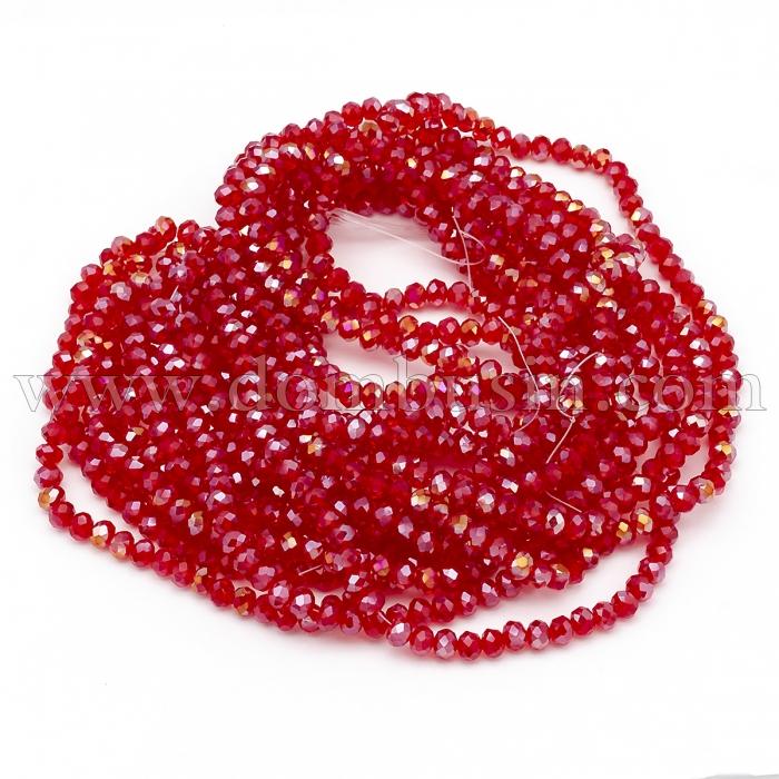 Намистини Гальваніка Скло АВ-Колір, Грані, Рондель, Колір: Червоний, 6х5мм, Отвір 1мм, близько 90-92шт/40-42см/нитка, (УТ100025429)