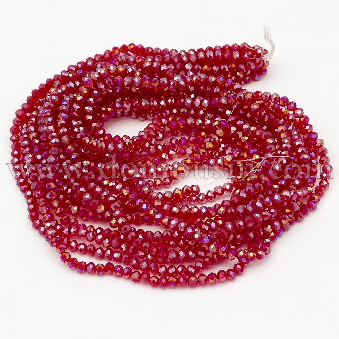Бусины Гальваника Стекло АВ-Цвет, Граненые, Рондель, Цвет: Малиновый, Размер: 4х3мм, Отв-тие: 0.4мм, около 125шт/40см/нить, (УТ100025431)