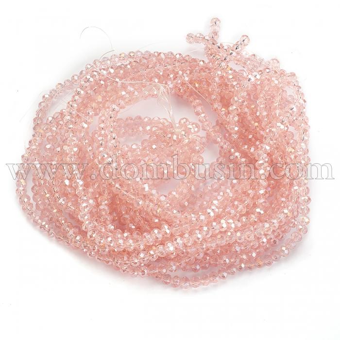 Бусины Гальваника Стекло АВ-Цвет, Граненые, Рондель, Розовый, 4х3мм, Отв-тие: 0.4мм, около 116шт/40см/нить упакрвка/10нитей, (УТ100025436)