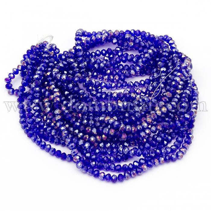 Намистини Гальваніка Скло АВ-Колір, Грані, Рондель, Колір: Синій, 6х5мм, Отвір 1мм, близько 90-92шт/40-42см/нитка, (УТ100025441)
