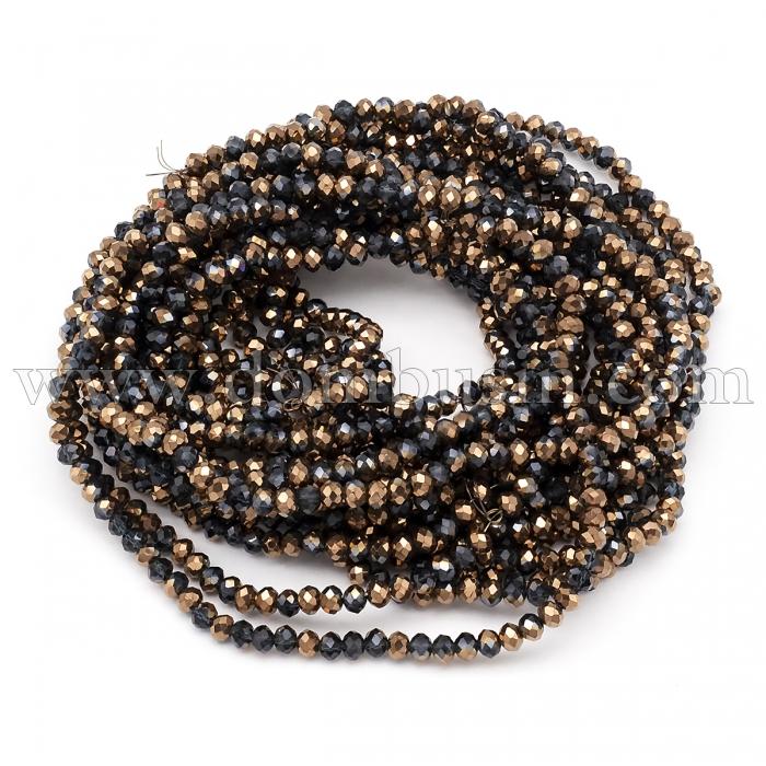 Бусины Гальваническое Стекло, Граненые, Медное Полупокрытие, Рондель, Берлинская Лазурь, 4х3мм, Отв-тие: 0.4мм, ок. 120шт/40см/нить (УТ100025446)