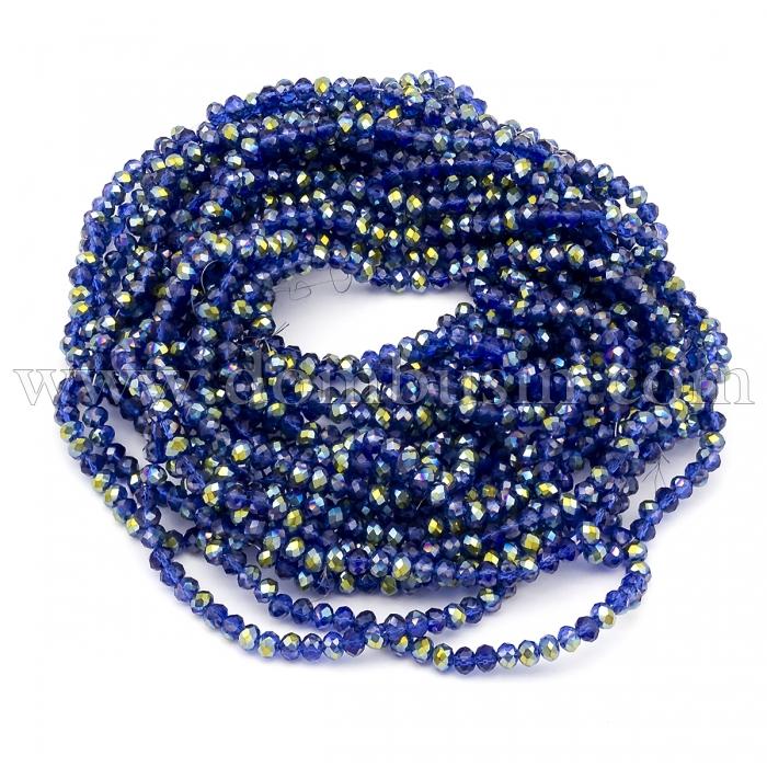 Намистини Гальванічне Скло, Гранені, Напівзелене Покриття, Рондель, Колір: Синій, 4х3мм, Отвір 0.4мм, близько 120-123шт/40-43см/нитка, (УТ100025476)
