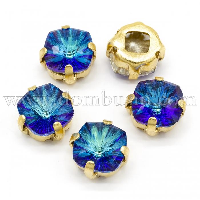 Пришивні Стрази Скло, Гірський Кришталь, Основа Латунь Кольори Золото, Квадрат, Колір: Синій, Довжина 9мм, Ширина 9мм, Товщина 5.5мм, Отвір 1мм, (УТ100025574)