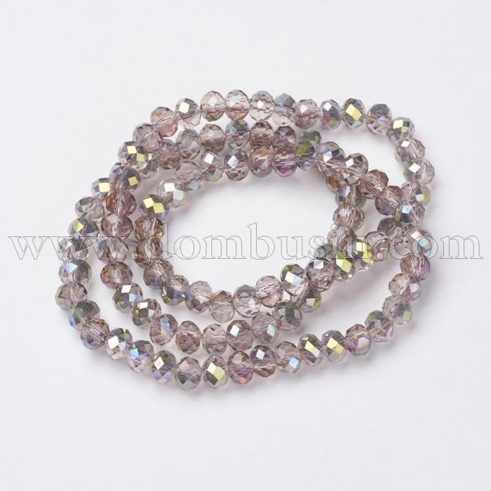 Бусины Гальваническое Стекло, Граненые, Полузеленое Покрытие, Рондель, Розово-Коричневый, 6х5мм, Отв-тие: 0.4мм, ок. 86шт/40см/нить (УТ100025929)