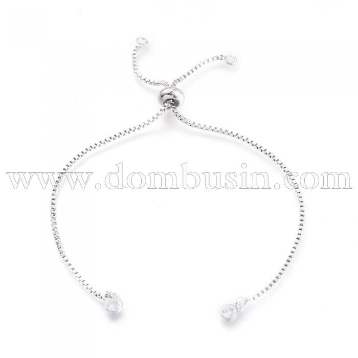 Браслет Слайдер, Латунь+Фианиты, Прозрачные, Покрытие Настоящяя Платина, Размер: Длина 110-120мм, Ширина 1мм, Отверстие 1.5мм, (УТ100026204)