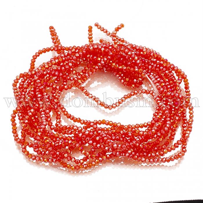 Намистини Гальваніка Скло АВ-Колір, Грані, Рондель, Колір: Оранжево-Червоний, 4х3мм, Отвір 0.4мм, близько 125шт/40см/нитка, (УТ100026112)