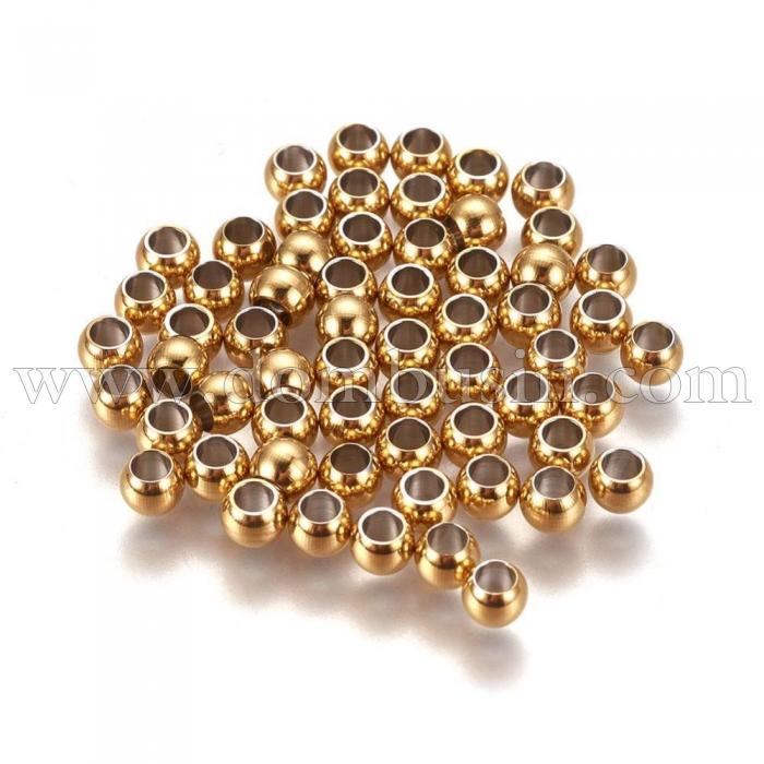 Бусины-Разделители, Нержавеющая Сталь, Вакуумное Покрытие, Золото, Круглые, Размер: 4х3мм, Отверстие 2мм, (УТ100026655)