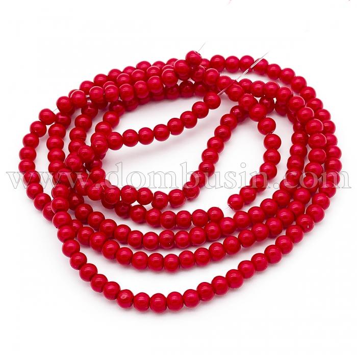 Жемчуг Бусины Стекло 4-5мм, Глянцевые, Круглые, Цвет: Красный, Диаметр: 4-5мм, Отверстие 1мм, около 200шт/75см/нить, (УТ100026917)