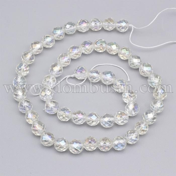 Бусины Натуральный Горный Хрусталь, Круглые, Граненые, Гальваника, Радужные Диаметр: 8мм, Отверстие 0.8мм, около 46шт/37см/нить (УТ100028663)