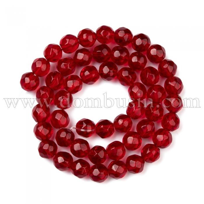 Бусины стеклянные круглые, прозрачные, граненые, Цвет: Малиновый, Диаметр: 6мм, Отверстие 1мм, 48шт/30см/нить, (УТ100028787)
