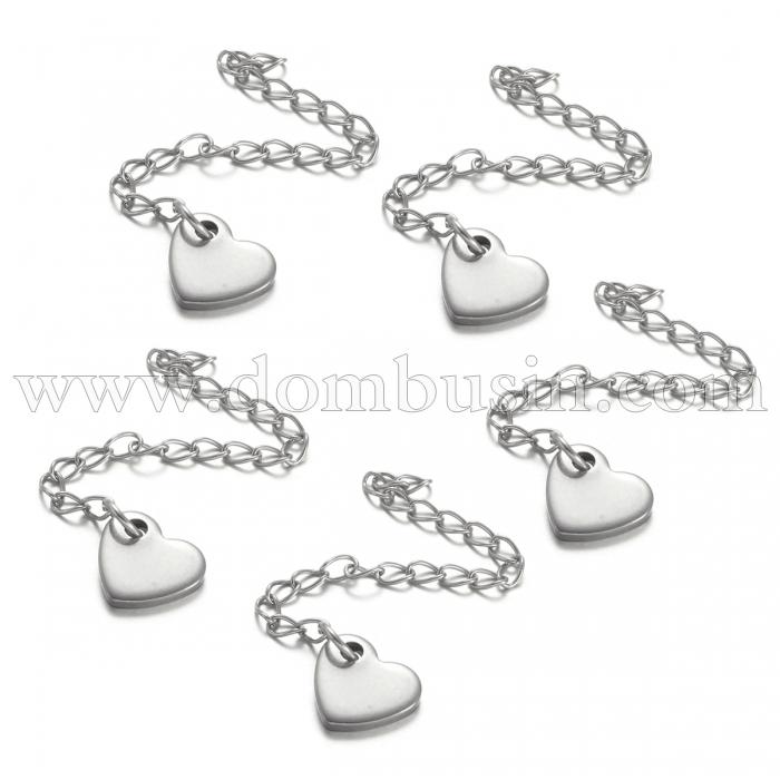 Цепочка Удлинительная с Подвеской Сердце из Нержавеющей Стали, Длина Цепочки 60мм, Подвеска 9х10х1.5мм, (УТ100029402)