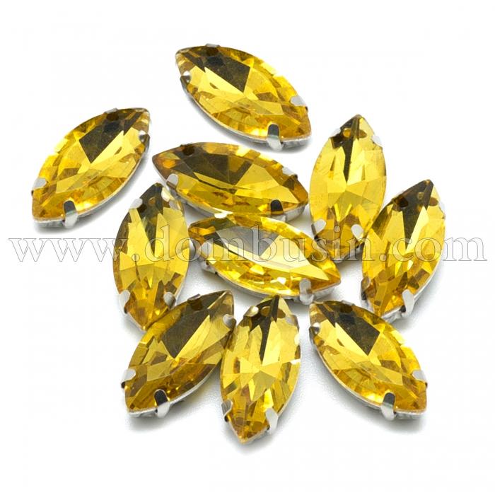 Пришивні Стрази, Скло Гірський Кришталь, Основа Латунь, Кінське око, Колір: Золото, 15х7х5мм, Отвір 0.8-1мм, (УТ100029870)