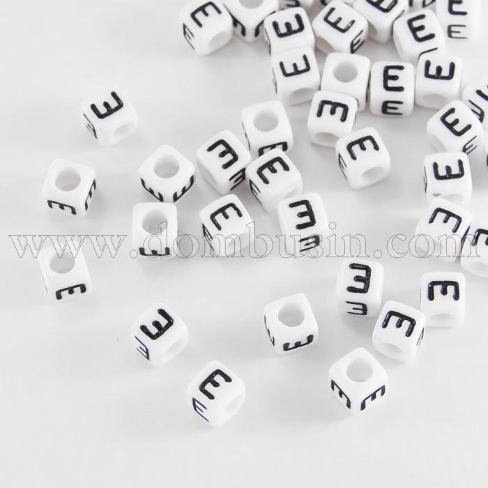 Намистини Акрилові Буква "E", Кубики, Колір: Білий, Розмір: 6х6х6мм, Отвір 3.2мм, близько 130шт/25г, (УТ000004496)