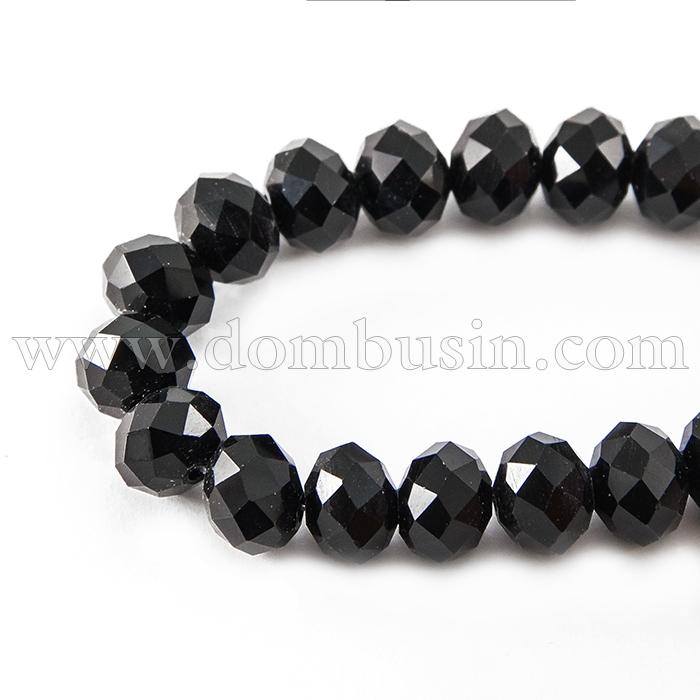 Намистини Австрійський Кришталь, Імітація, Скло Грановані, Рондель, Колір: Чорний, Розмір: 10х7мм, Отв-тя 1мм, близько 72шт / 50см / нитка, (УТ000003336)