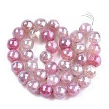 Бусины Натуральный Агат Круглые Граненые, Гальваника, Перламутровое Покрытие, Бледно-Розовый, 10.5мм, Отверстие 1.2мм, около 36шт/37см/нить, (УТ100031603)