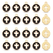 Подвески Кулоны Сплав и Черная Эмаль Плоские Круглые с Крестом, Светлое Золото, 15х12х1.2мм, Отверстие 1.6мм, (УТ100031920)