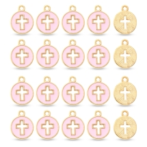 Подвески Кулоны Круглые Крест Сплав и Жемчужно-Розовая Эмаль, Светлое Золото, 15х12х1.5мм, Отверстие 1.6мм, (УТ100031927)