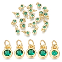 Підвіска Пласкі Круглі, Латунь і Фіаніти, Золото, Зелений, 6.5х4.5х2мм, Отвір 2.5-3мм, (УТ100032910)