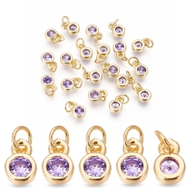 Підвіска Пласкі Круглі, Латунь і Фіаніти, Золото, Ліловий, 6.5х4.5х2мм, Отвір 2.5-3мм, (УТ100032912)