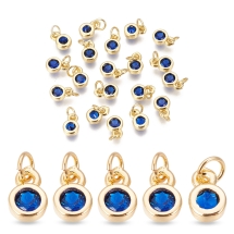 Підвіска Пласкі Круглі, Латунь і Фіаніти, Золото, Синій, 6.5х4.5х2мм, Отвір 2.5-3мм, (УТ100032913)