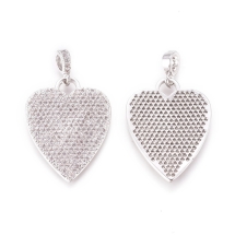 Підвіска Серце, Латунь з Фіанітами, Платина, Фіаніти Безбарвні, 22х21.5х2мм, Тримач 6х3мм, отвір 3.5х4мм, (УТ100032923)