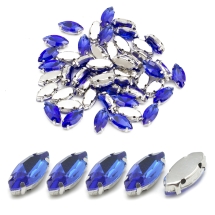 Пришивні Стрази, Скло Гірський Кришталь, Основа Латунь, Кінський очей, Королівський Синій, 15х7х5мм, Отвір 0.8-1мм, (УТ100032511)