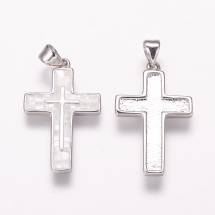 Кулон Натуральный Речной Перламутр, Крест, Белый, Фурнитура латунь, Платина, 26х16х2.5мм, Ответстие 3.5х5мм, (УТ100032980)