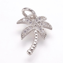 Подвеска Пальма с Фианитами, Латунь, Платина, 14х10х1.5мм, Отверстие 3мм, (УТ100033038)