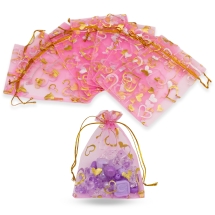 Подарочный Мешочек из Органзы, Рисунок Сердце, Прозрачный,  Ярко-розовый, 14x10см, (УТ100033487)