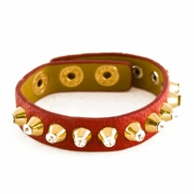 Браслет Искусственная Кожа, с Шипами из Латуни, со Стразами, Цвет: Красный, Размер: Длина 22см, Ширина 14мм, (УТ000005063)