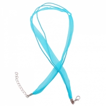 Основа для Ожерелья, Хлопковый Вощеный Шнур и Лента Органза, Карабин и Цепь, Голубой, Длина 44см, Лента Ширина 10~15мм, Шнур 1мм, (УТ000005592)