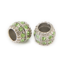 Шармы Евробусины Металл и Стразы, Рондель, Цвет металла: Платина, Цвет Страз: Перидот, Размер: 14х12мм, Отв. 6мм, (УТ000006706)
