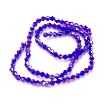 Бусины Гальваника Стекло АВ-Цвет, Граненые, Биконус, Цвет: Синий, Размер: 4х4мм, Отв-тие: 1мм, около 105шт/42см/нить, (УТ000007096)