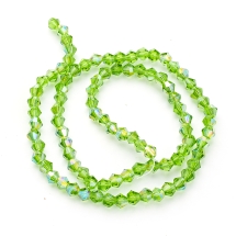 Бусины Гальваника Стеклянные АВ-Цвет Граненые Биконус, Зеленый Лайм, 4х4мм, Отверстие 1мм, около 80шт/29см/нить, (УТ000007099)