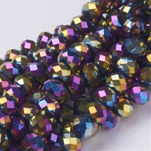 Намистини Гальваніка Скло, Грановані, Рондель, Колір: Мультіцвет, Розмір: 10х7мм, Отв-тя 1мм, близько 72шт / 50см / нитка, (УТ0005870)