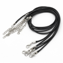 Основа для Ожерелья Шнур Искусственная Кожа, с Застежкой Карабин и Цепочкой, Черный, 2мм/38см, (УТ0010196)