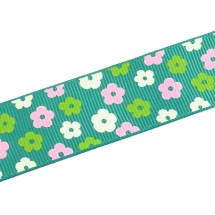 Лента Репсовая с Принтом Цветы, Полиэстер, Цвет: Зеленый, Ширина: 9мм, около 85м/катушка, (УТ0011802)