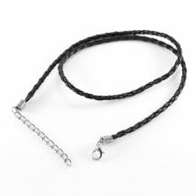Основа для Ожерелья Плетеная, Искусственная Кожа с Застежкой Карабин и Цепочкой, Цвет: Черный, Размер: 42смх3мм, (БА000000342)