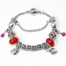 Браслет Евробусины из сплава, С бусинами из латуни и лэмпворк, Цвет: Красный, Размер: 18см, (УТ100006423)