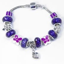 Браслет Евробусины из сплава, С бусинами из латуни и лэмпворк, Цвет: Сиреневый, Размер: 20см, (УТ100006430)