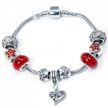 Браслет Евробусины из сплава, С бусинами из латуни и лэмпворк, Цвет: Красный, Размер: 20см, (УТ100006442)