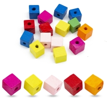 Намистини Дерев'яні Пофарбовані, Кубики, Колір: Мікс, Розмір: 14х14х14мм, Отвір 5мм, (УТ100005931)